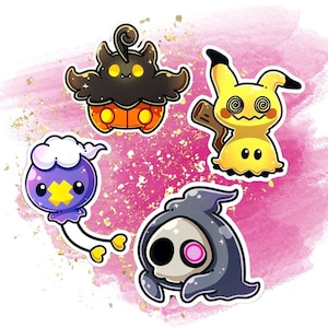 May include: Four cartoon ghost Pokemon stickers. The stickers are on a pink and gold background. The Pokemon are:  Gengar,  Misdreavus,  Gastly, and  Duskull.