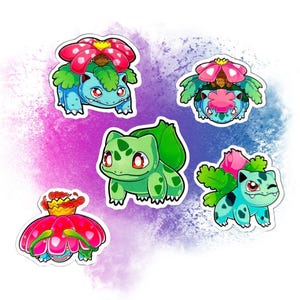 May include: Five cartoon stickers featuring a green and blue Pokemon character with a pink flower on its head. The stickers are on a purple and blue background.