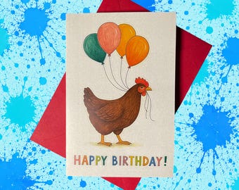CHICKEN BIRTHDAY CARD - Balloon Illustration, Animal Lover Gift (Card + Envelope)