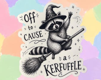 Shop Closing - WITCHY RACOON STICKER - Mischievous Broom Rider, Vinyl Decal