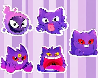 STORE CLOSING: Gastly Evolution Sticker Pack – Set of 5 Chibi Pokémon (Gastly to VMAX Gengar)