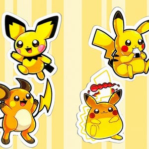 May include: Four cartoon stickers featuring Pikachu and related characters. The stickers are primarily yellow, with black and red accents. One Pikachu is holding a lightning bolt, and another is eating a rice ball. The background is yellow with vertical stripes.