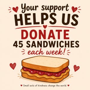May include: A graphic illustration of a peanut butter and jelly sandwich with the text: Your support HELPS US DONATE 45 SANDWICHES each week! Small acts of kindness change the world. The design features red hearts on a cream background with brown and red text.