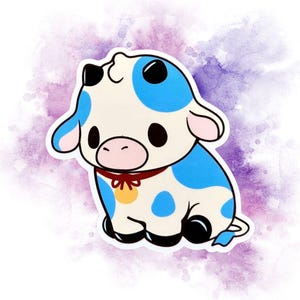May include: A sticker featuring a cartoon cow with blue spots and accents. The cow has a red collar with a gold bell. The background is a watercolor wash of purple and white.