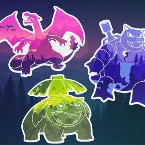 May include: Three die-cut vinyl stickers featuring stylized silhouettes of Charizard, Blastoise, and Venusaur. The Charizard sticker has a pink and orange sunset landscape, the Blastoise has a blue night scene, and the Venusaur has a green forest.