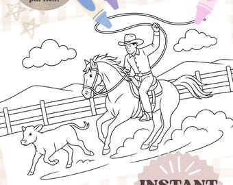 Horse Coloring Page: Cowboy Roping, Western Party Placemat (Digital Download)