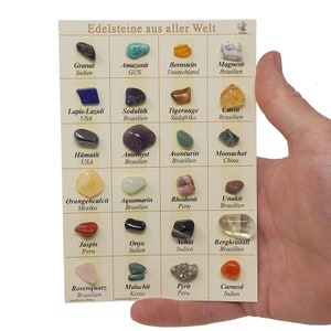 Edelstein Mineralien Sammlung, 24 Mineralien aus aller Welt auf einer Tafel, Tafel, Set, Trommelstein, Edelsteine, Tüte