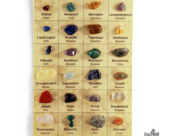 Collection de minéraux de pierres précieuses, 24 minéraux du monde entier sur une planche, planche, ensemble, pierre roulée, pierres précieuses, sac