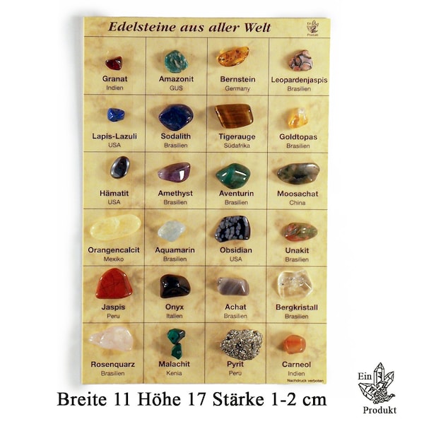 Edelstein Mineralien Sammlung, 24 Mineralien aus aller Welt auf einer Tafel, Tafel, Set, Trommelstein, Edelsteine, Tüte