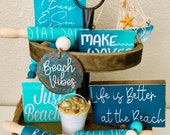 Coastal Farmhouse Tiered Tray Decor Summer Beach Vibes Wood bead Garland Rolling pins Nautical Mini Wood Signs Bundle Set