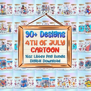 90+ 4th Of July Cartoon 16oz Libbey Glass Can Png, Cartoon Characters Tumbler Png, Patriotic Libbey Wrap Png, Independence Day Png