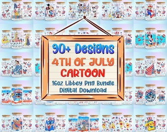 90+ 4th Of July Cartoon 16oz Libbey Glass Can Png, Cartoon Characters Tumbler Png, Patriotic Libbey Wrap Png, Independence Day Png