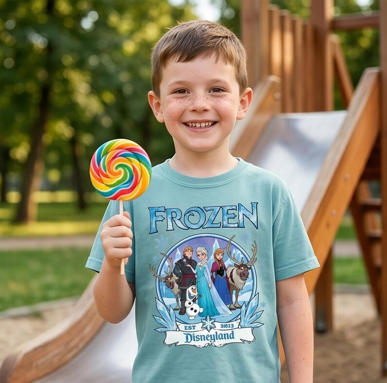 May include: A light blue t-shirt with the word "FROZEN" in a stylized font. The shirt features a graphic of characters from the movie Frozen, including Elsa, Anna, Kristoff, and Olaf, with the text "EST 2013 Disneyland". A colorful lollipop is held in front of the shirt.