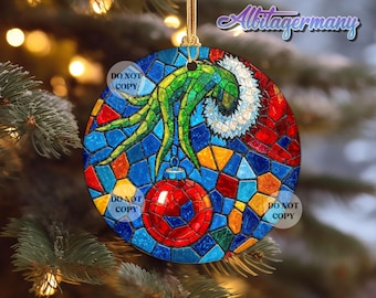 Stained Glass Mean Guy Ornament Png, Funny Xmas Ornament Png, Green Monster Ornament Round Png, Hand Monster Ornament Png, Commercial Use