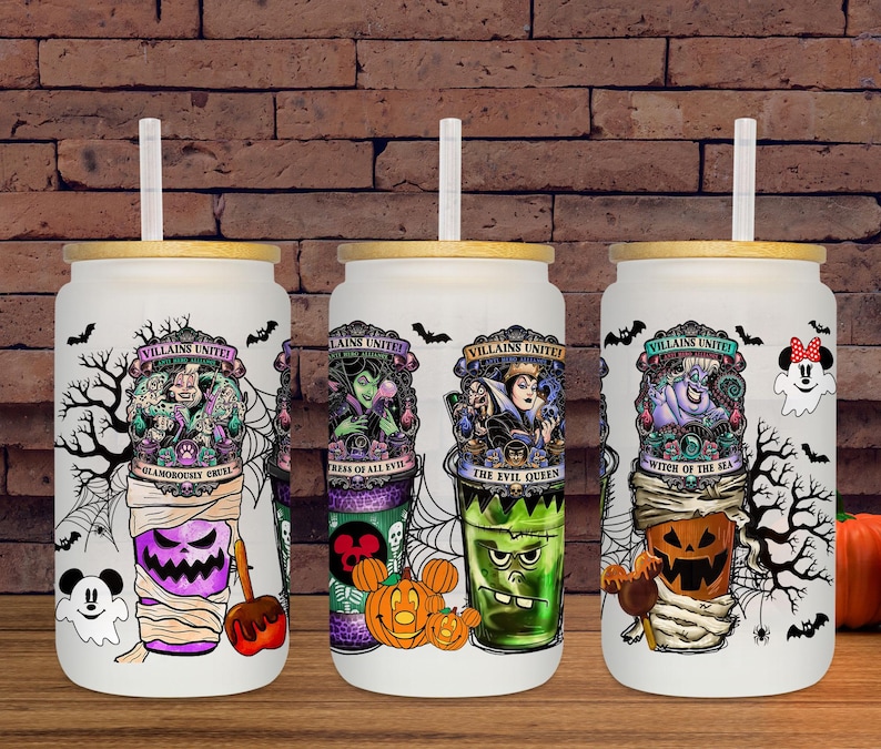 May include: Three white glass tumblers with bamboo lids and straws, each featuring a Halloween-themed design. The designs include cartoon villains, pumpkins, and the text "Villains Unite".