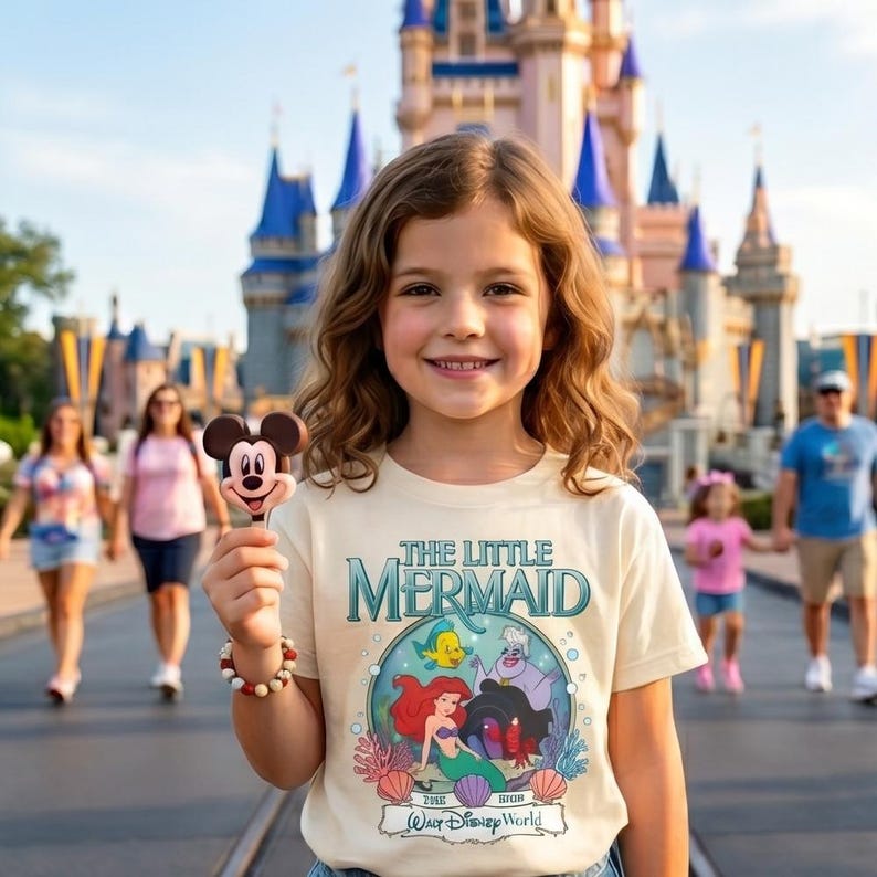 May include: A young person wearing a cream-colored t-shirt featuring "The Little Mermaid" graphic and holding a Mickey Mouse-shaped treat. The shirt has a colorful design with Ariel, Flounder, and Sebastian. The background includes a castle and other people.