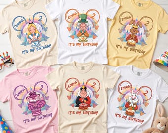 Custom Alice in Wonderland Birthday Shirt, Personalized Disney Cartoon Birthday Shirt, Disney Matching Shirt, Disney Birthday Gift for Kids