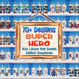 Puede incluir: Una exhibición de vasos PNG Libbey de 16 oz con diseños de superhéroes. El letrero dice "70+ Designs SUPER HERO". Los vasos están dispuestos en estantes con varios gráficos temáticos de superhéroes. Cada vaso tiene una pajita.