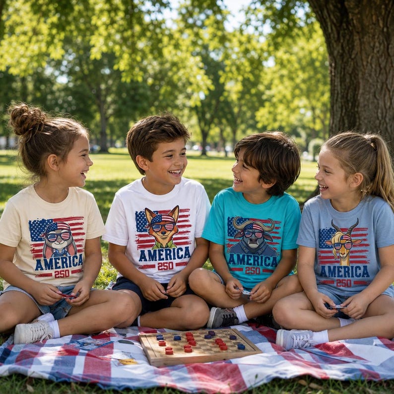 May include: Four children sitting on a picnic blanket, wearing t-shirts with patriotic animal designs and the word "AMERICA". The shirts feature a rabbit, fox, bull, and goat with sunglasses, set against a flag background. A checkerboard is in front of them.