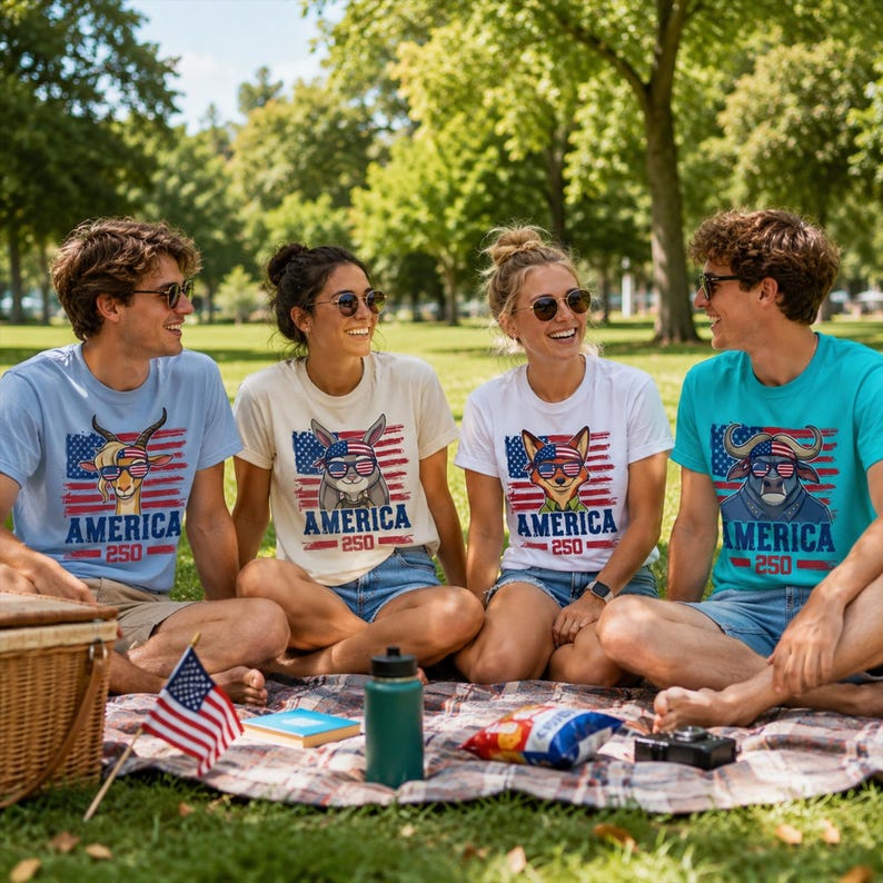 May include: Four people wearing sunglasses and graphic t-shirts with patriotic animal designs and the word "AMERICA". The shirts are light blue, cream, and white. They are sitting on a blanket in a park with a picnic basket and American flag.