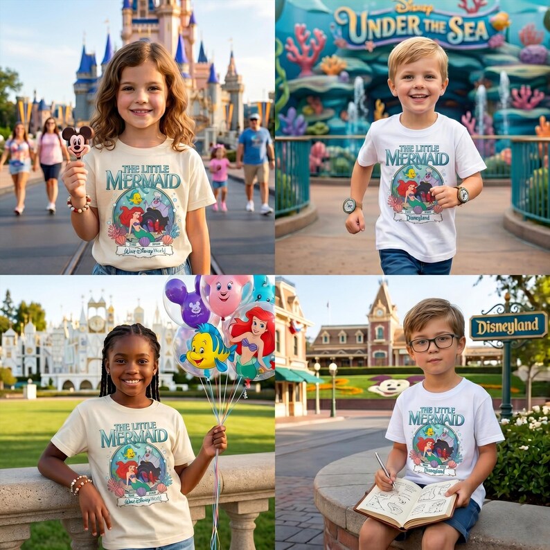 May include: Four children wearing "The Little Mermaid" t-shirts at Disney theme parks. The shirts feature Ariel, Flounder, and Sebastian. One child holds balloons, another a Mickey Mouse ice cream, and another a sketchbook. The background includes a castle and "Under the Sea" signage.