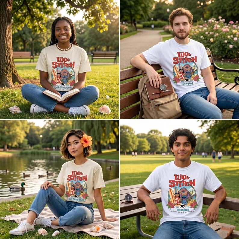 Op de afbeelding: Vier mensen dragen t-shirts met een kleurrijke afbeelding van Lilo & Stitch. De shirts zijn cr&egrave;me en wit, met de tekst "Lilo & Stitch" en "Walt Disney World" of "Disneyland". De mensen bevinden zich in een park, zittend op het gras en een bank.