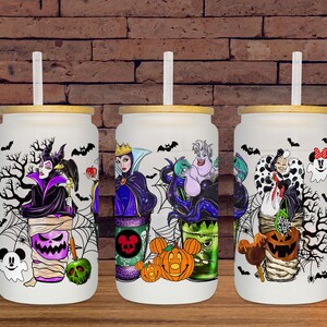 May include: Three frosted glass tumblers with bamboo lids and straws, each featuring a different Halloween-themed Disney villain design. The designs include Maleficent, the Evil Queen, and Cruella de Vil, with Halloween elements.