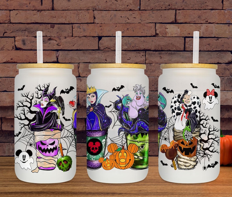 May include: Three frosted glass tumblers with bamboo lids and straws, each featuring a different Halloween-themed Disney villain design. The designs include Maleficent, the Evil Queen, and Cruella de Vil, with Halloween elements.