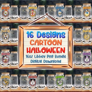 16 Halloween Vibes 16oz Libbey Glass Can Png, Cartoon Characters Tumbler Png, Halloween Libbey Glass Can Png, Cartoon Movies Wrap Png