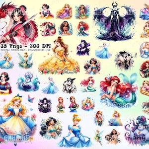 Paquete de 39 princesas en acuarela PNG, diseño de camiseta de dibujos animados, personajes de dibujos animados PNG, descarga digital, uso comercial