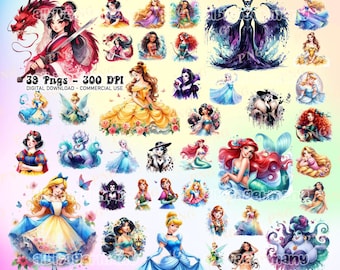 39 Princess Watercolor PNG Bundle, Princess PNG Bundle, Cartoon T-shirt Design, Cartoon Characters Png, Digital Download, Commercial Use
