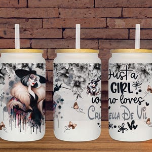 May include: Three white glass tumblers with bamboo lids and straws. Each tumbler features a different Cruella De Vil design, with floral accents and the text "Just a Girl who loves Cruella De Vil."