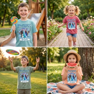 May include: Four children wearing "Frozen" themed t-shirts. The shirts feature a graphic of characters from the movie and the word "Frozen". One child holds a lollipop, another a frisbee, and a third holds a slice of watermelon. The fourth child is running.