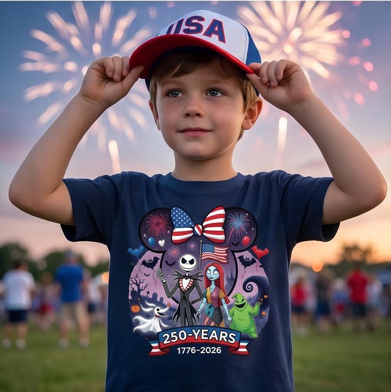 May include: A navy blue t-shirt featuring a graphic of Jack Skellington, Sally, Zero, and Oogie Boogie inside a Mickey Mouse ear silhouette. The design includes a red, white, and blue bow, fireworks, and the text 250-YEARS 1776-2026.