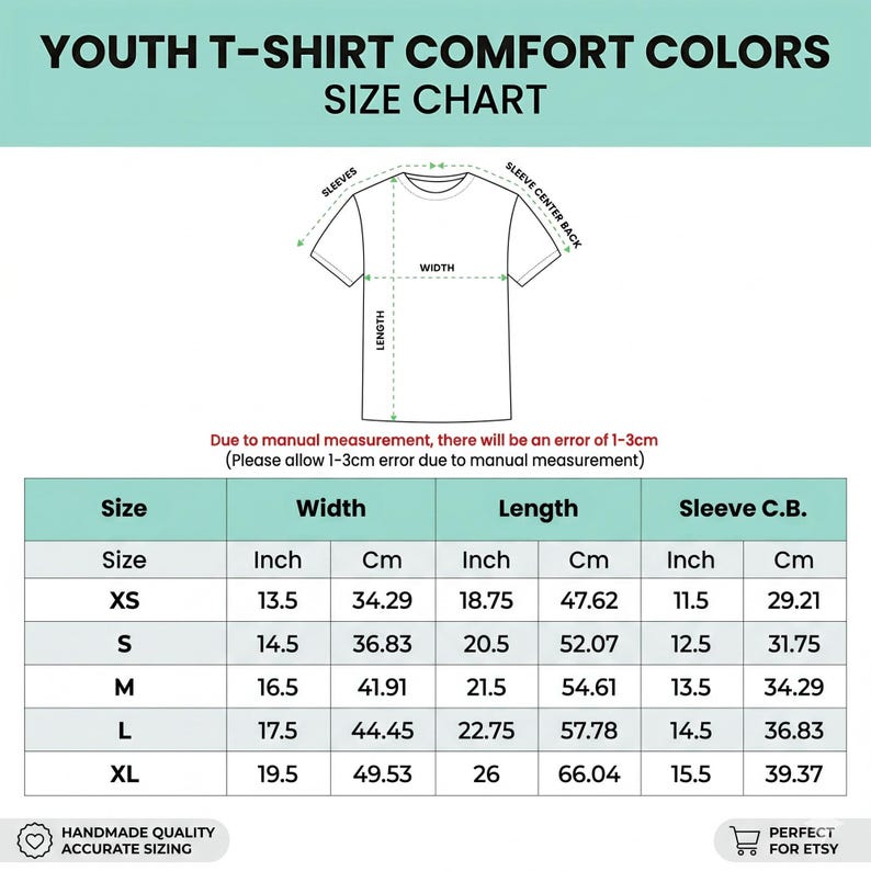 May include: A Youth T-Shirt Comfort Colors size chart featuring a line drawing of a t-shirt with labeled width, length, and sleeve measurements. A table provides sizing data for XS to XL in both inches and centimeters, noting a 1-3cm margin of error.