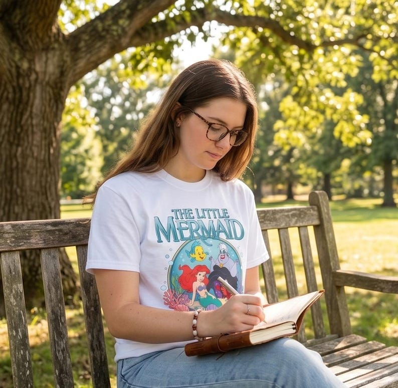 May include: A white t-shirt featuring the text "THE LITTLE MERMAID" in teal and a colorful graphic of Ariel, Flounder, Sebastian, and Ursula. The shirt is worn by a person sitting on a wooden bench outdoors, writing in a brown leather-bound journal.