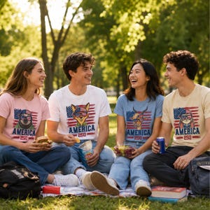 May include: Four people sitting on a blanket in a park, wearing t-shirts with patriotic animal graphics. The shirts feature a sloth, dog, goat, and rabbit with sunglasses and the word "AMERICA" with the number "250".