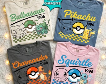 Poke Monsters Checkered Shirt, Retro Poke Game Shirt, Video Game Family Tee,Poke Monsters Matching Birthday Shirts,Anime Poke, Gift for Kids