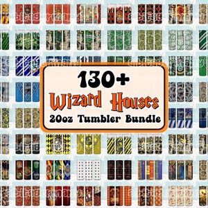 Könnte beinhalten: Eine Sammlung von 20oz-Bechern mit verschiedenen Designs, darunter Hauswappen und Muster. Das Bild zeigt ein Schild mit der Aufschrift "130+ Wizard Houses 20oz Tumbler Bundle". Die Becher sind in verschiedenen Farben erhältlich, darunter Rot, Grün, Blau und Gold.
