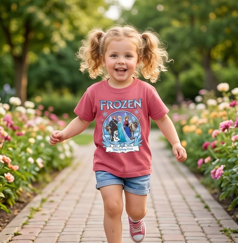 May include: A young child wearing a red t-shirt with the word "FROZEN" and a graphic of characters from the movie. The child is also wearing blue denim shorts and pink sneakers. The child is running on a brick pathway.