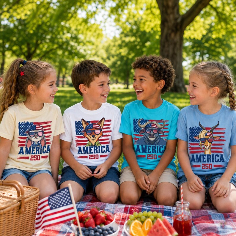 May include: Four children wearing t-shirts with patriotic animal graphics and the word "AMERICA" in red and blue. The shirts feature a bunny, fox, bull, and gazelle with sunglasses and an American flag design. They are sitting on a picnic blanket with food and an American flag.