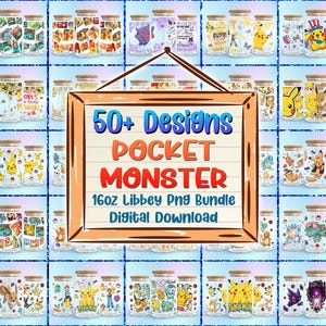 Könnte beinhalten: Eine Sammlung von Gläsern mit Holzdeckeln, die jeweils mit farbenfrohen Designs mit verschiedenen Charakteren verziert sind. Das Bild enthält ein Schild mit der Aufschrift "50+ Designs POCKET MONSTER 16oz Libbey Png Bundle Digital Download."