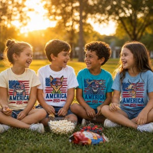 May include: Four children sitting on grass, wearing t-shirts with patriotic animal graphics and the word "AMERICA". The shirts are in various colors: tan, white, teal, and light blue. A bowl of popcorn and snacks are in front of them.