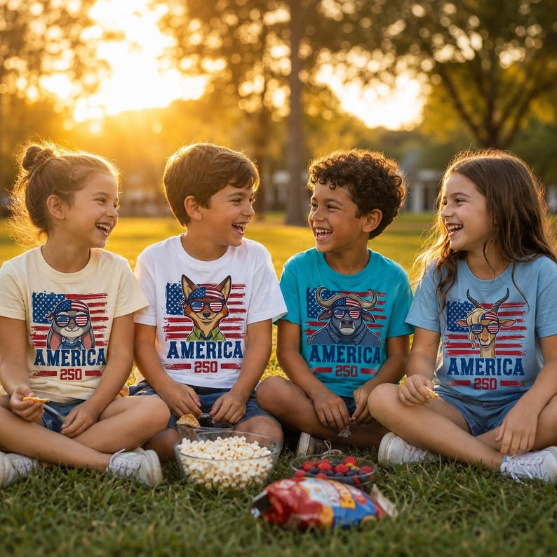 May include: Four children sitting on grass, wearing t-shirts with patriotic animal graphics and the word "AMERICA". The shirts are in various colors: tan, white, teal, and light blue. A bowl of popcorn and snacks are in front of them.