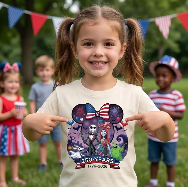May include: A cream-coloured t-shirt featuring a graphic of Jack Skellington, Sally, and Oogie Boogie inside a Mickey Mouse-shaped silhouette. The design includes a red, white, and blue bow, fireworks, and the text 250-YEARS 1776-2026.