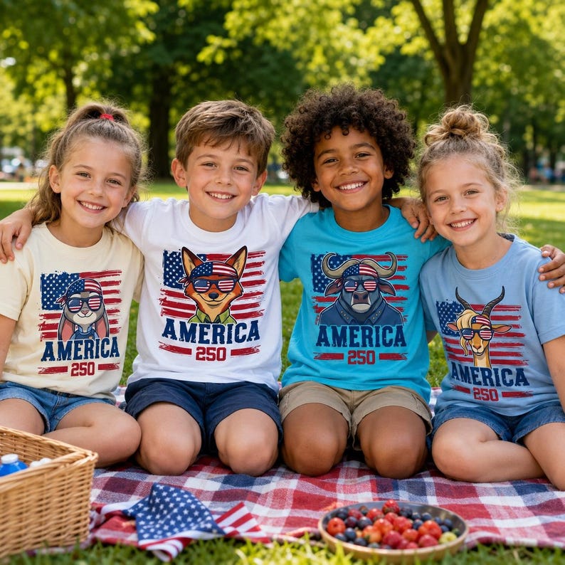 May include: Four children wearing patriotic t-shirts with animal graphics and the word "AMERICA" in red and blue. The shirts feature a bunny, fox, bull, and goat, each with sunglasses and a flag design. They are sitting on a red and white checkered blanket.