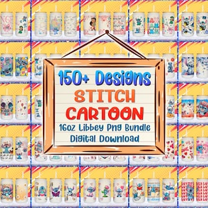 Könnte beinhalten: Eine Sammlung von 16oz Libbey PNG-Bundle-Designs mit der Zeichentrickfigur Stitch. Das Bild zeigt zahlreiche Becher mit verschiedenen bunten Designs, darunter Stitch, Herzen und Text. Ein Holzschild liest "150+ Designs STITCH CARTOON 16oz Libbey Png Bundle Digital Download."