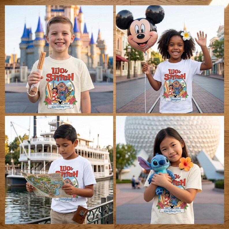 Op de afbeelding: Vier afbeeldingen van kinderen die "Lilo & Stitch" T-shirts dragen. De shirts hebben een kleurrijke afbeelding met Stitch, Lilo en tropische elementen. De achtergrond omvat een kasteel, een Mickey Mouse ballon, een boot en een park.