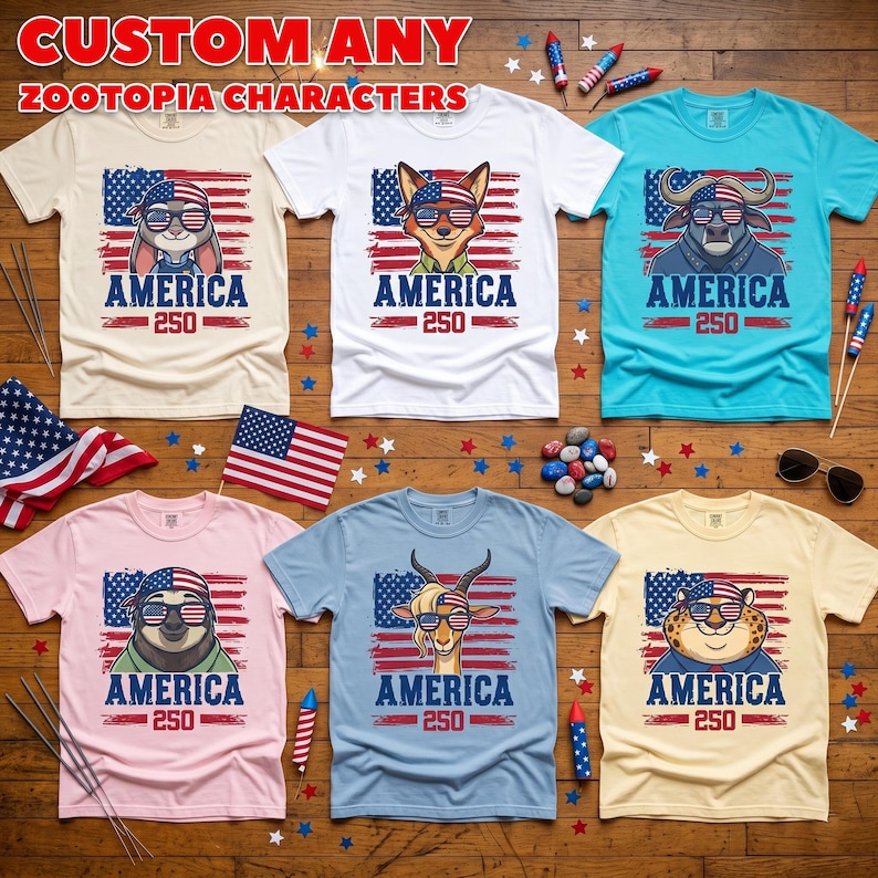 May include: Collection of Zootopia character t-shirts with an American flag design. Each shirt features a different character wearing sunglasses, the word "AMERICA", and the number "250". The shirts are in various colors.