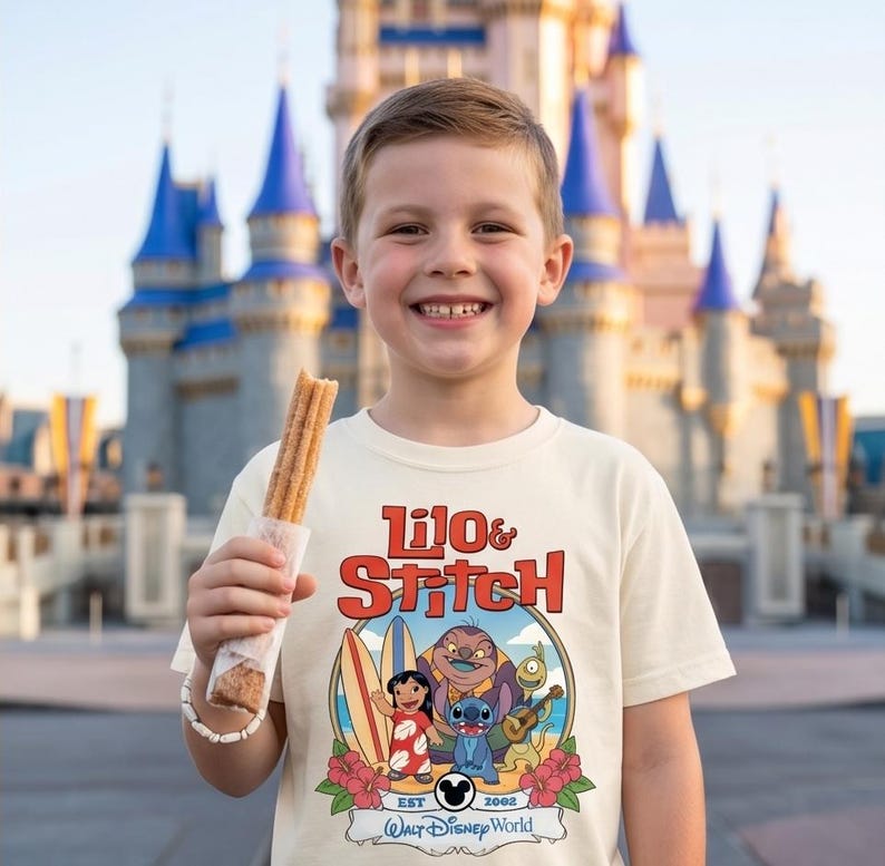 Op de afbeelding: Een kind draagt een cr&egrave;mekleurig T-shirt met een kleurrijke afbeelding van Lilo & Stitch met surfplanken, bloemen en de tekst "Lilo & Stitch Est 2002 Walt Disney World". Het kind houdt een churro vast.